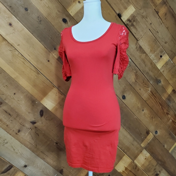 Forever 21 Red Bodycon Dress with Lace Sleeves - Picture 2 of 8